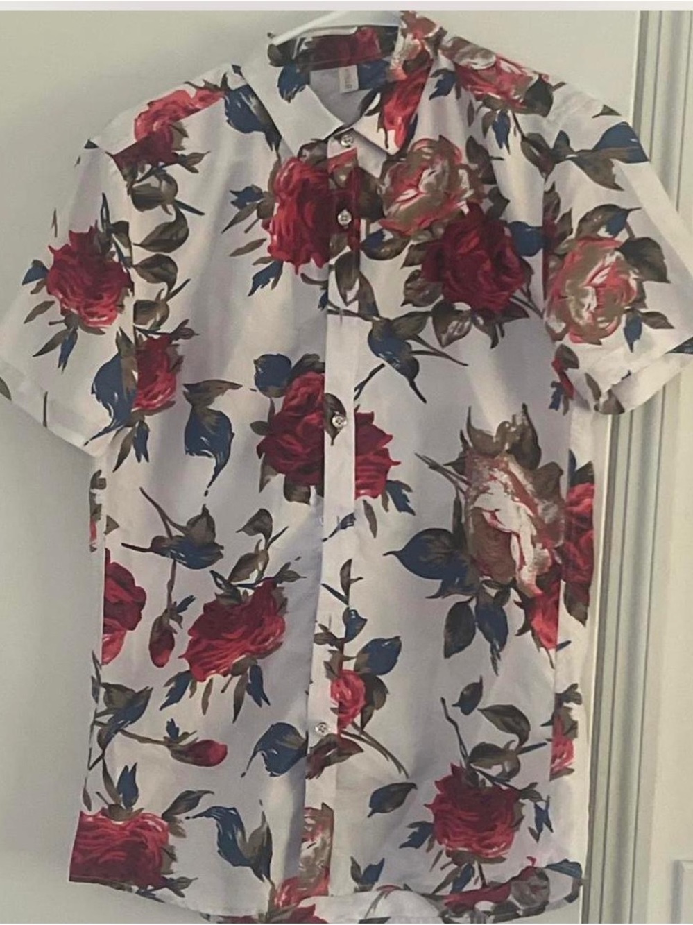 Men's White Short-Sleeve Button-Down Shirt with Red Rose Print